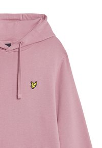 Felpa rosa di cotone con tasca a canguro, cappuccio regolabile con cordino e un piccolo logo ricamato nero e giallo sul petto.