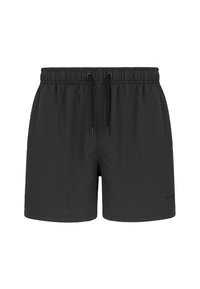 Czarne kąpielówki z elastycznym pasem, sznurkiem i bocznymi kieszeniami. Wykonane z lekkiego, gładkiego materiału. Prosty design, bez wzorów.