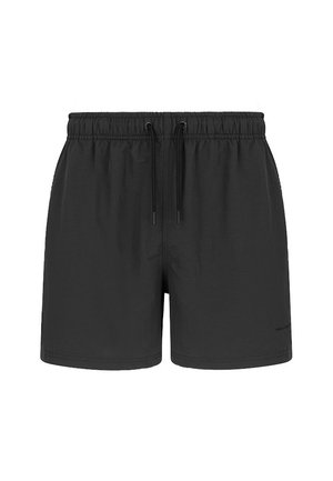 Czarne kąpielówki z elastycznym pasem, sznurkiem i bocznymi kieszeniami. Wykonane z lekkiego, gładkiego materiału. Prosty design, bez wzorów.