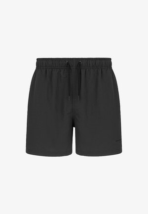 Czarne kąpielówki z elastycznym pasem, sznurkiem i bocznymi kieszeniami. Wykonane z lekkiego, gładkiego materiału. Prosty design, bez wzorów.