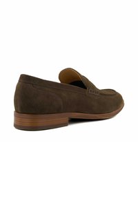 Brown suede men's loafer with low stacked wooden heel, visible stitching, and moc toe design, shown from rear side angle.