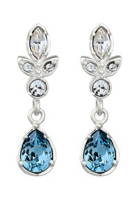 Sølv dråbeøreringe med et blomsterdesign med klare og blå sten, herunder marquise- og pæreformede, der fremhæver den samlede elegance.