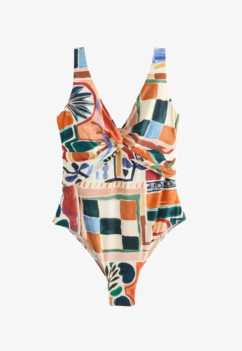 Einteiliger Badeanzug mit gedrehtem Vorderteil und mehrfarbigen abstrakten geometrischen und floralen Mustern in Orange, Grün, Blau und Creme.