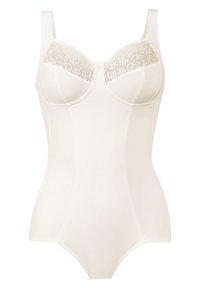 Beige bodysuit with lace detailing at the bust and adjustable straps. Smooth texture and fitted design for support and comfort.