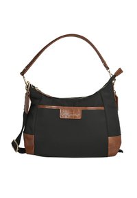 Bolso de hombro de tela negra con detalles en simulación de cuero marrón, con cierre superior de cremallera y un parche decorativo con logo. Cuenta con un asa curva única y una correa ajustable.