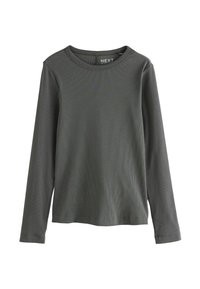 T-shirt à manches longues en maille côtelée de couleur gris foncé avec un col rond et une coupe décontractée. Le tissu semble doux et léger. Étiquette de la marque visible à l'arrière.