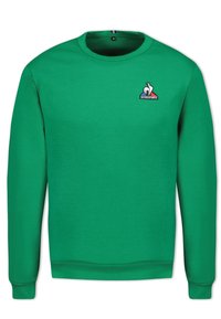 Sudadera verde de manga larga y cuello redondo con un pequeño logo de Le Coq Sportif en el lado izquierdo del pecho y etiqueta de tamaño mediano dentro del cuello.