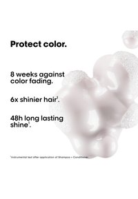 Mousse blanche crémeuse avec des bulles à côté du texte promouvant les bienfaits des soins capillaires : protection de la couleur pendant 8 semaines, cheveux 6 fois plus brillants et éclat durable de 48 heures.