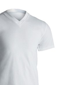 Hvid V-hals t-shirt, kortærmet, lavet af bomuldsstof, glat tekstur, med klare linjer og et enkelt, klassisk design.