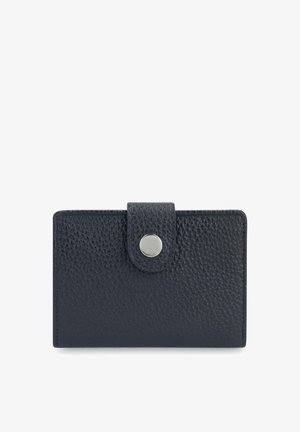 Black textured leather wallet with a snap button closure tab centered on the front.