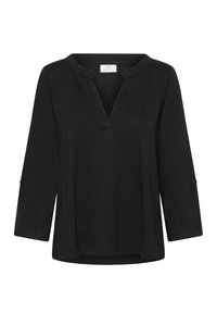 Blouse noire à manches longues avec un décolleté en V, coupe ample et détails de boutons sur les manches. Fabriquée en tissu doux et lisse.