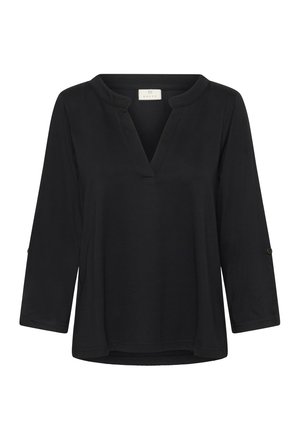 Blouse noire à manches longues avec un décolleté en V, coupe ample et détails de boutons sur les manches. Fabriquée en tissu doux et lisse.