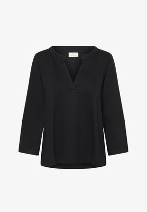 Zwarte blouse met lange mouwen, V-hals, losse pasvorm en knoopdetails op de mouwen. Gemaakt van een zachte, gladde stof.