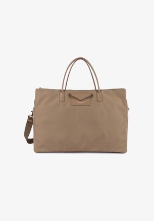 Large beige rectangular tote bag with dual top handles, detachable shoulder strap, and front small flap pocket with Lancaster logo.