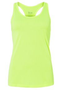 Débardeur de sport femme sans manches jaune néon avec dos nageur, tissu léger évacuant la transpiration et logo Nike Dri-FIT à l'intérieur.