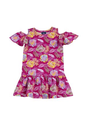 Abito a maniche corte di un vivace rosa con un motivo floreale e di foglie. Presenta un orlo arricciato e un design a spalla scoperta. Realizzato in tessuto leggero.