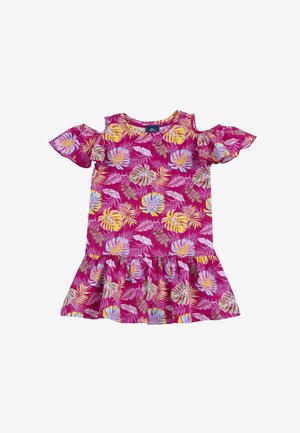 Robe à manches courtes de couleur rose vif avec un motif floral et de feuilles. Dotée d'un ourlet volanté et d'un design épaule dénudée. Fabriquée en tissu léger.