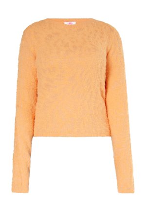 Luftig, langærmet, kort sweater i lys orange. Blød tekstur med en rund halsudskæring og ingen synlige lukninger.
