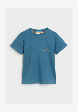 Tyrkysové bavlnené tričko s krátkymi rukávmi a okrúhlym výstrihom, s kruhovým logom "PS Paul Smith" v oranžových a modrých akcentoch.