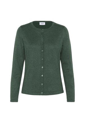 Dark green, long-sleeve cardigan with round neckline and front button closure, made from fine knit fabric.