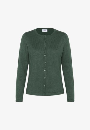 Cárdigan largo de color verde oscuro, con mangas largas, escote redondo y cierre de botones en la parte delantera, hecho de un tejido de punto fino.