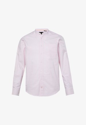 Pitkähihainen paita pehmeää puuvillaa, jossa on vaaleanpunaisia ja valkoisia pystysuoria raitoja, mandariinikaulus ja rintatasku.