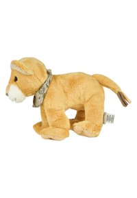 Plush lion toy in soft, light orange fabric. Features a white snout, brown eyes, and a patterned gray scarf around its neck. Short tail.