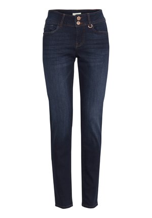 Mörkblå denimjeans med rak passform, tvåknapps stängning och detaljer i guldtråd. Har standardfickor och en slät yta.
