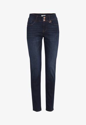 Jean en denim bleu foncé avec une coupe droite, une fermeture à deux boutons et des accents de couture dorée. Comprend des poches standard et une texture lisse.