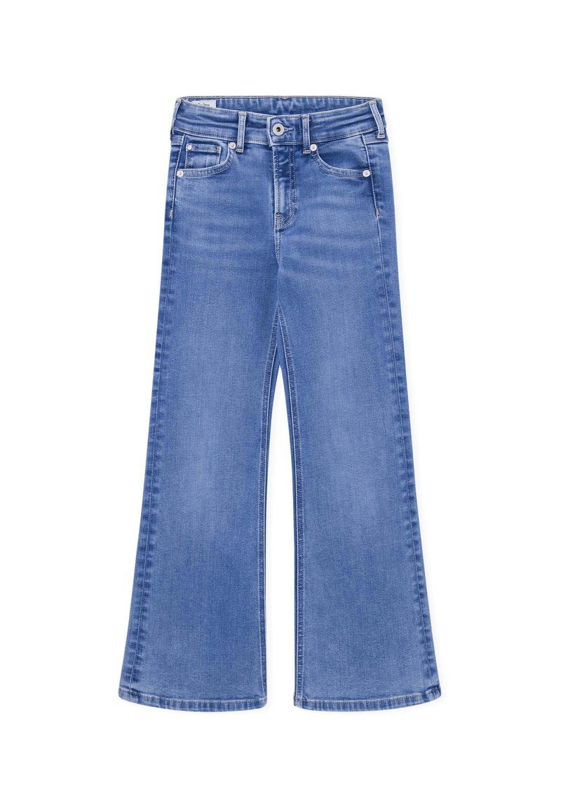 Breda ben blå denimjeans med en klassisk femficksdesign, knappstängning och subtila slitningar för textur och djup.
