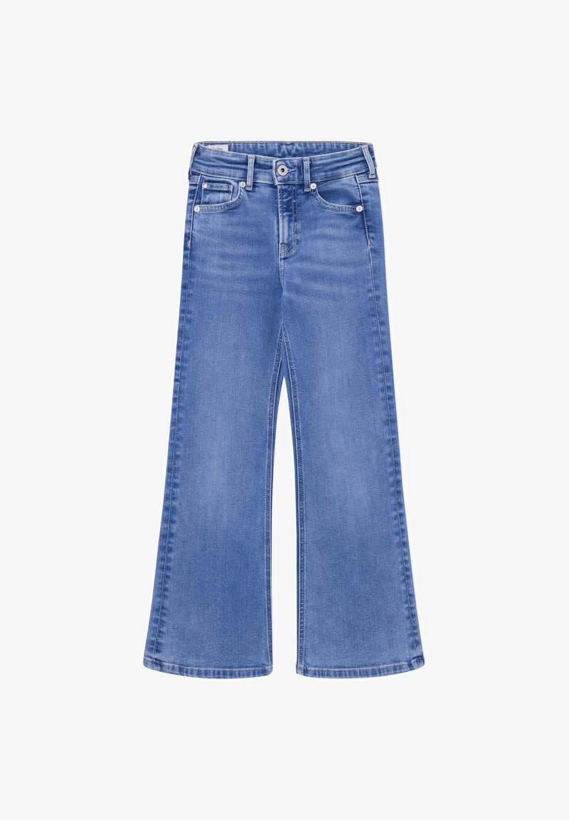 Breda ben blå denimjeans med en klassisk femficksdesign, knappstängning och subtila slitningar för textur och djup.