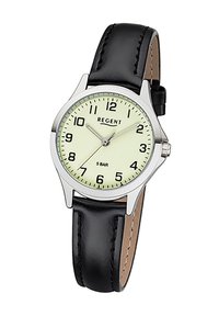 Montre à bracelet en cuir noir avec boîtier en métal argenté, cadran blanc, chiffres arabes noirs, aiguilles luminescentes et étanchéité jusqu'à 5 bars.