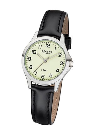 Montre à bracelet en cuir noir avec boîtier en métal argenté, cadran blanc, chiffres arabes noirs, aiguilles luminescentes et étanchéité jusqu'à 5 bars.