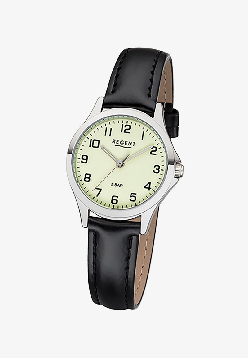 Montre à bracelet en cuir noir avec boîtier en métal argenté, cadran blanc, chiffres arabes noirs, aiguilles luminescentes et étanchéité jusqu'à 5 bars.