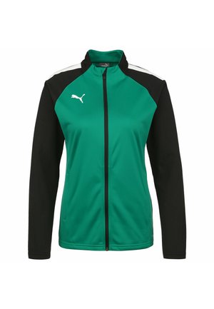 Giacca zip-up verde e nera realizzata in tessuto liscio, con un alto colletto, dettagli bianchi e un logo bianco sul lato sinistro del petto.