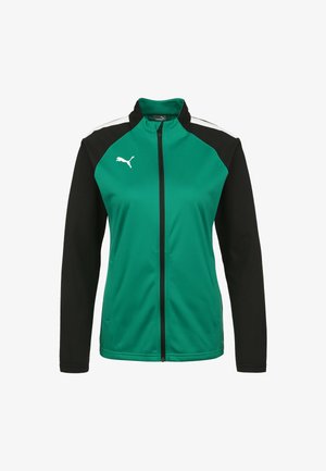 Grüne und schwarze Zip-Jacke aus glattem Stoff, mit hohem Kragen, weißen Akzenten und einem weißen Logo auf der linken Brust.