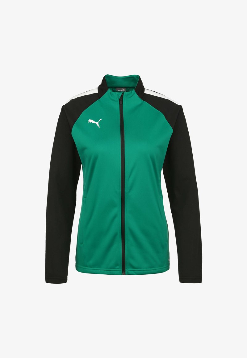 Groene en zwarte ritsjack gemaakt van gladde stof, met een hoge kraag, witte accenten en een wit logo op de linkerborst.