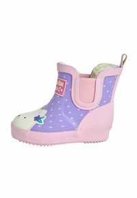 Botte de pluie en caoutchouc violet avec un accent rose, présentant un design de visage de lapin, des motifs d'étoiles et une doublure douce pour le confort.