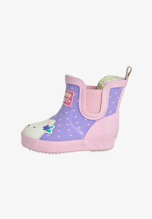Purple rubber rain boot with a pink accent, featuring a bunny face design, star patterns, and a soft lining for comfort.