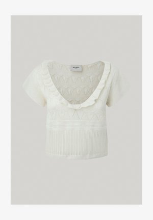 Vit kortärmad topp med djup V-ringning, volangkrage, texturerade mönster och stickad design med varierande stickstilar.