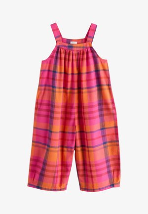 Bezrukavi kombinezon širokih nogavica s narančastim, ružičastim i ljubičastim karo uzorkom, s naboranim izrezom i naramenicama.