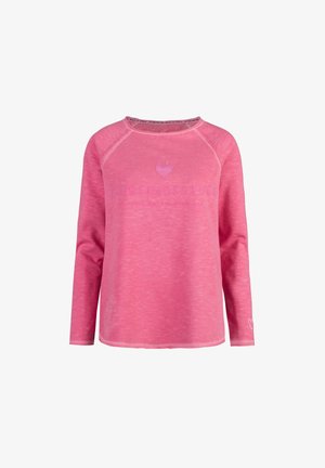Chemise rose à manches longues avec une coupe décontractée, fabriquée dans un tissu texturé et ornée d'un logo en forme de cœur sur la poitrine. Détails subtils sur les manches.