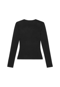 Černý dlouhý rukáv top s kulatým výstřihem, přiléhavým střihem, hladkou texturou a čistým, minimalistickým designem bez ozdob.