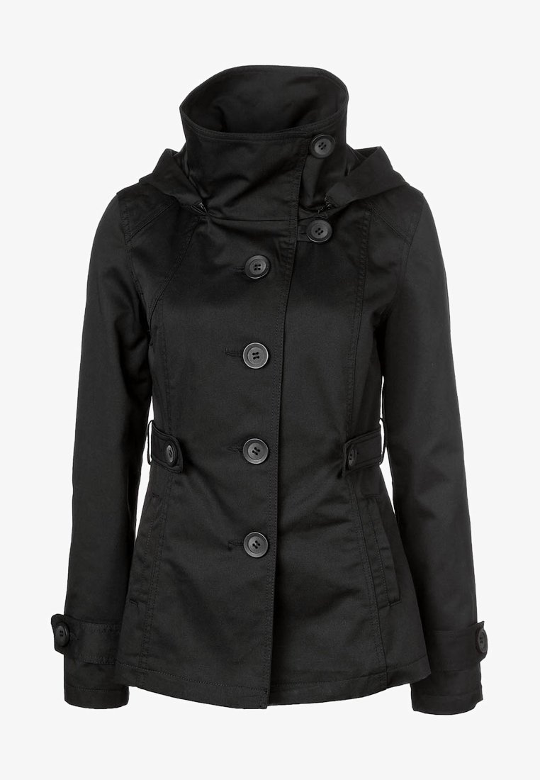 Czarny płaszcz trencz z wysokim kołnierzem, sześcioma dużymi guzikami, bocznymi kieszeniami i regulowanymi mankietami. Gładka faktura, dopasowany krój, odpowiedni do warstwowego noszenia.