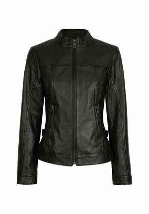 Czarna skórzana kurtka o dopasowanym kroju, z wysokim kołnierzem, zapięciem na zamek błyskawiczny i dwoma bocznymi kieszeniami na zamek. Charakteryzuje się gładką fakturą i przeszyciami.