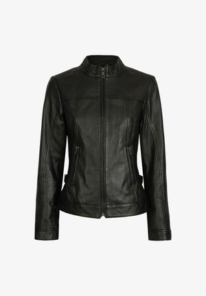 Crna kožna jakna s prilagođenim dizajnom, visokim okovratnikom, zatvaranjem na zip i dva bočna džepa sa zipom. Ova jakna ima glatku teksturu i šivane detalje.