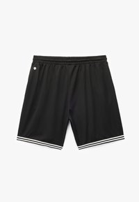 Zwarte sportshorts met een elastische tailleband, witte gestreepte accenten aan de zoom en een klein logo aan de linkerkant. Glad, lichtgewicht stof.