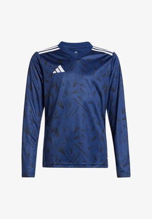 Langärmliges, blaues Sportshirt mit einem geometrischen schwarzen Muster, rundem Ausschnitt und weißen Streifen auf den Schultern. Hergestellt aus glattem Stoff.