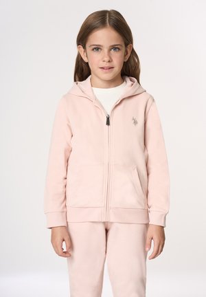 Felpa con cappuccio rosa chiaro con cerniera, realizzata in tessuto morbido, dotata di cappuccio, tasche frontali e un piccolo logo sul petto a sinistra.