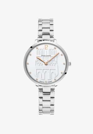 Sudraba metāla pulkstenis ar pulētu ķēdītes aproci, baltu teksturētu ciparnīcu, iegravētu arhitektūras dizainu, zeltītām hands un kristāla akcentiem.